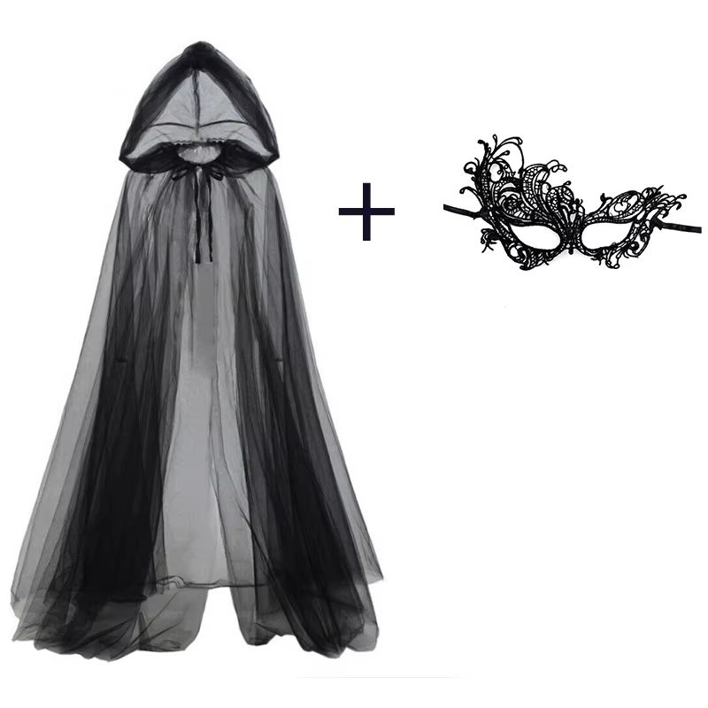 2Pcs Black Hooded Tulle Cape + - Black Face Mask Pack recension och pris